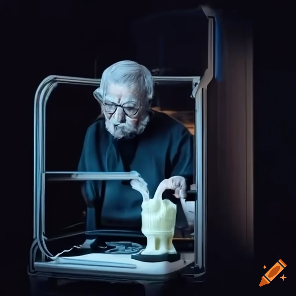 Elderly man using a 3D printer