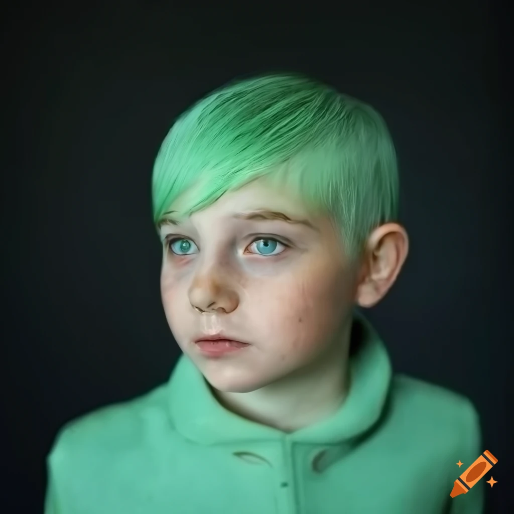 Portrait of an androgynous person with mint green hair and star-shaped freckles