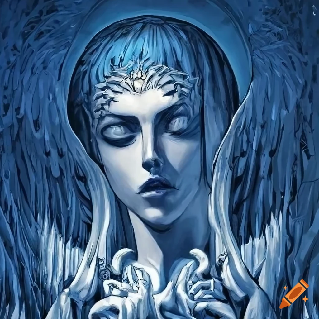 Demonic angel apostle with a beautiful female face in white and neon blue