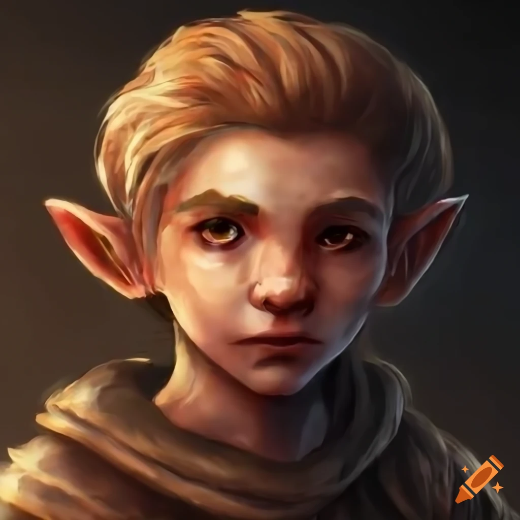 Young male rock gnome with sleek prosthetic arm and curious expression ...