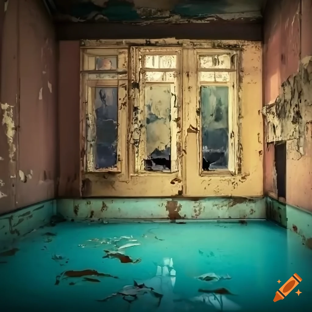 Abandoned laundry room mixed with murky swimming pool with peeling