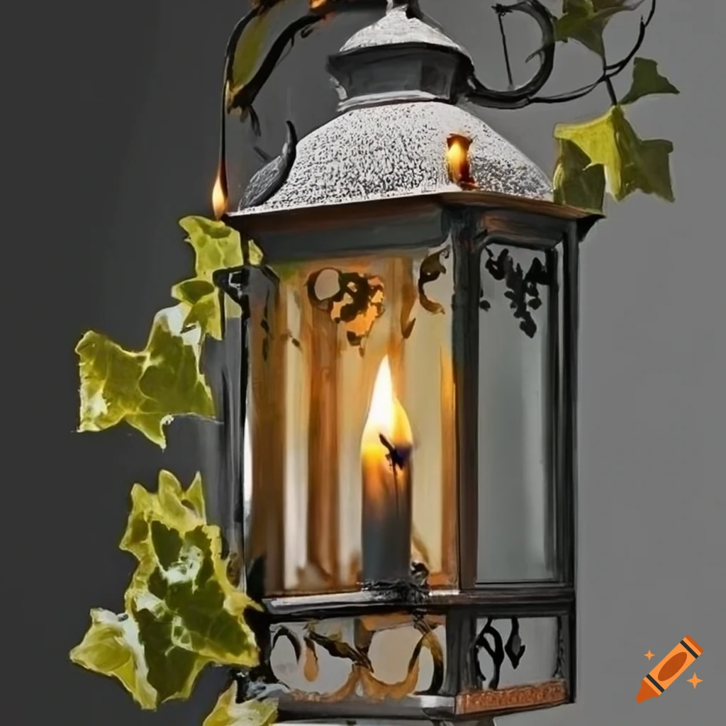 Victorian iron lantern with candlelight hanging in ivy