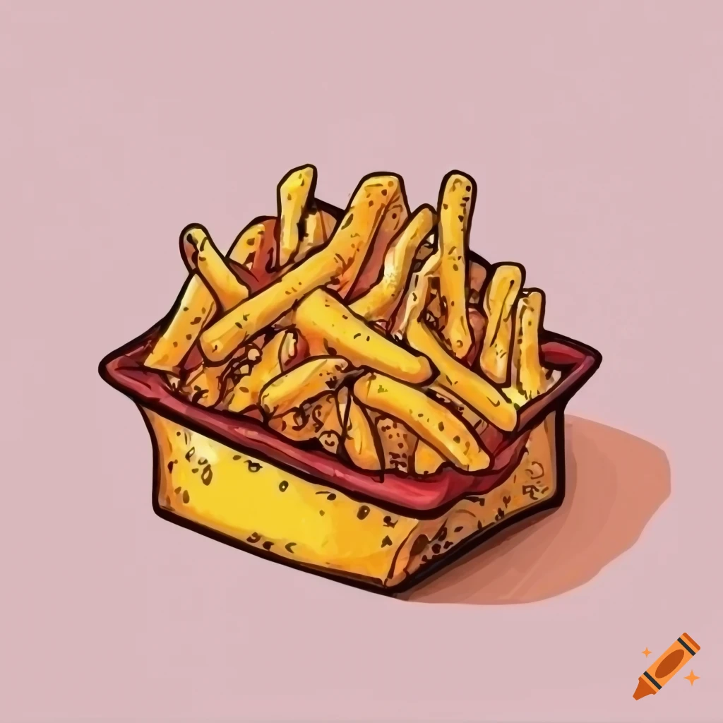 Delicious chili cheese fries drawn with crayon on a white background on