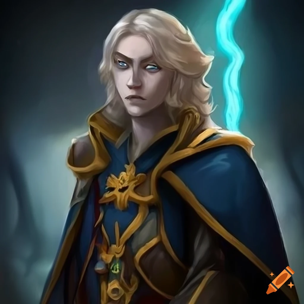 Male sorcerer with ashy blonde hair and grey eyes