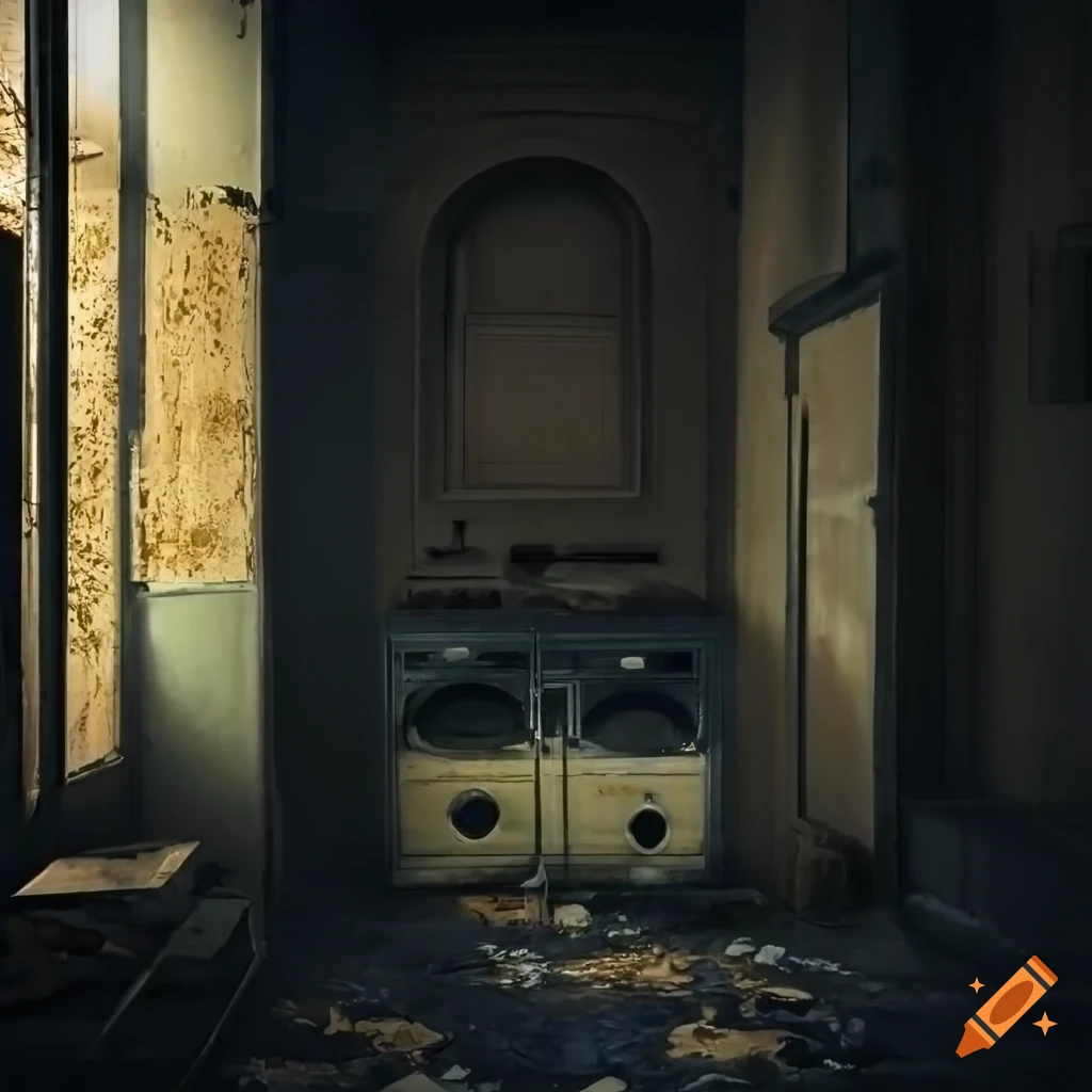 Abandoned laundry room with black swimming pool and peeling paint under heavenly gold fog
