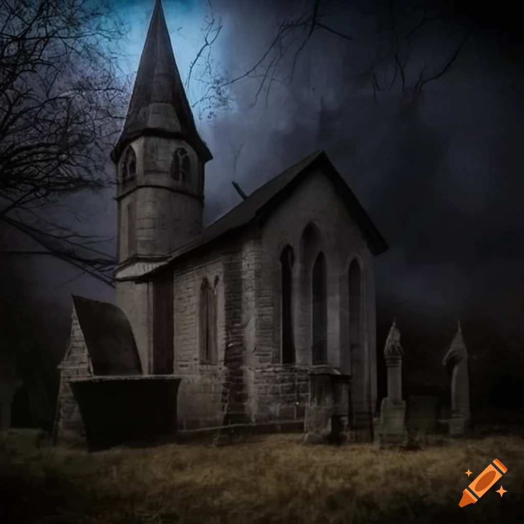 Highly detailed old church surrounded by gravestones in the old west at night