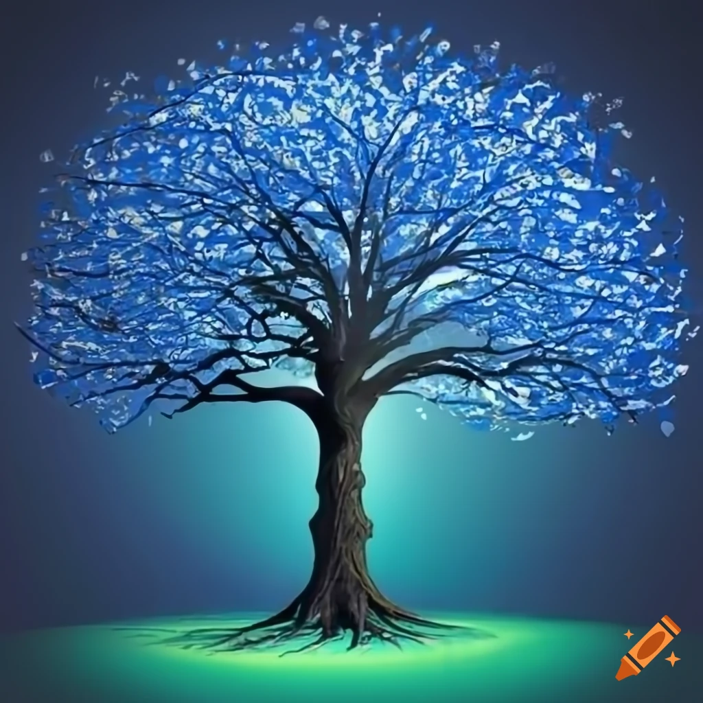 Blue tree of knowledge with text on Craiyon