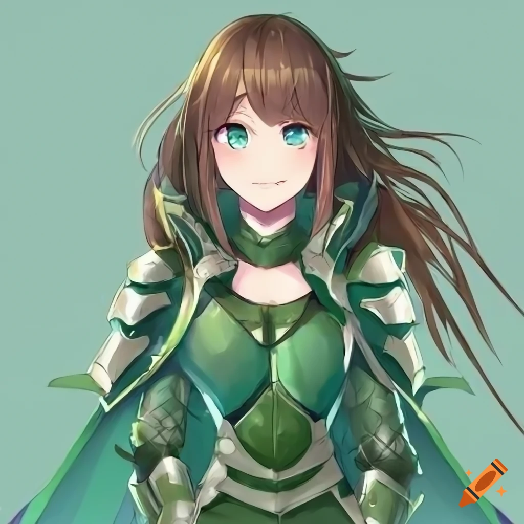 Anime girl with teal eyes and medium length brown hair wearing green ...
