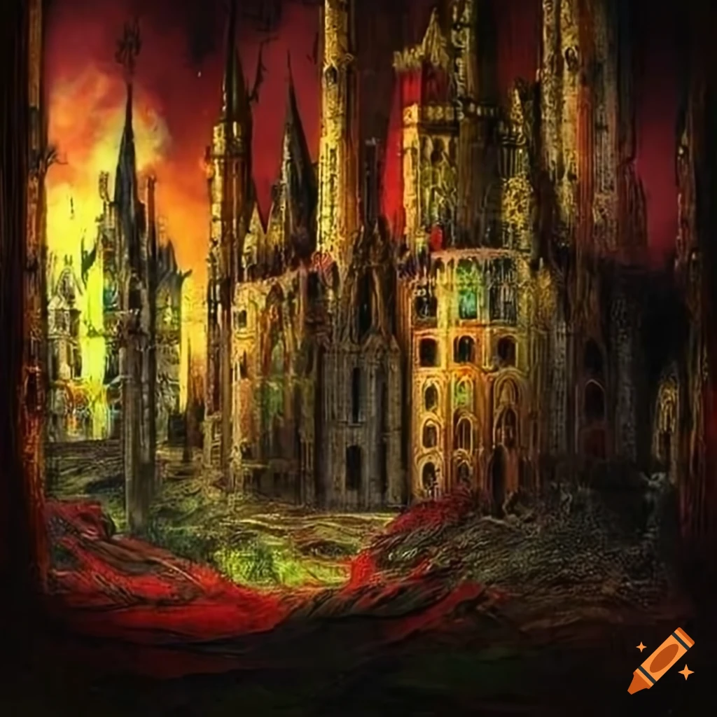 Colorful Expressionism surreal image of an alien landscape with a magical city and mystical creatures