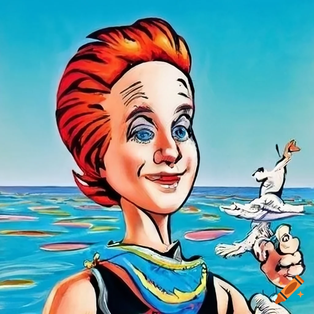 Humorous book illustration of a woman in a bathing suit drifting in a