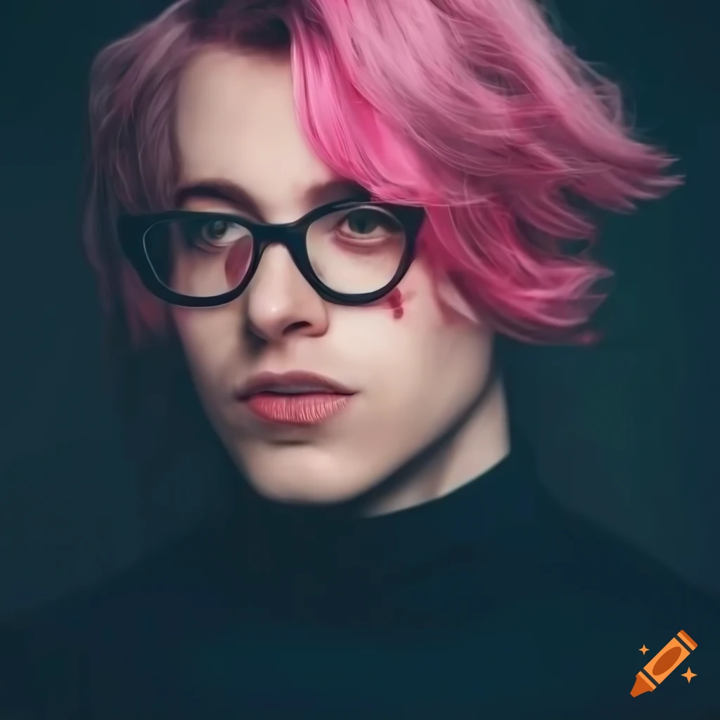 Young man with wavy pink hair and glasses in a stormy setting