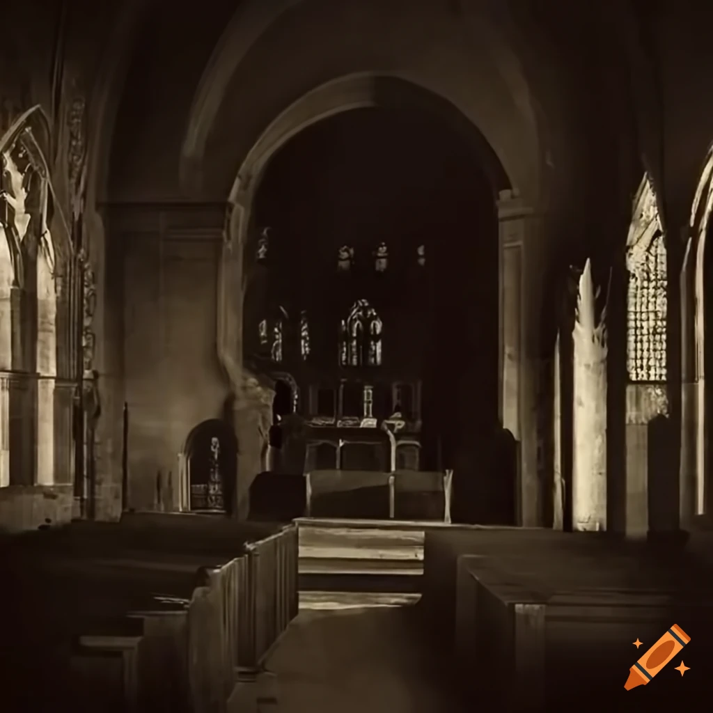 Highly detailed old church surrounded by gravestones in the old west at night