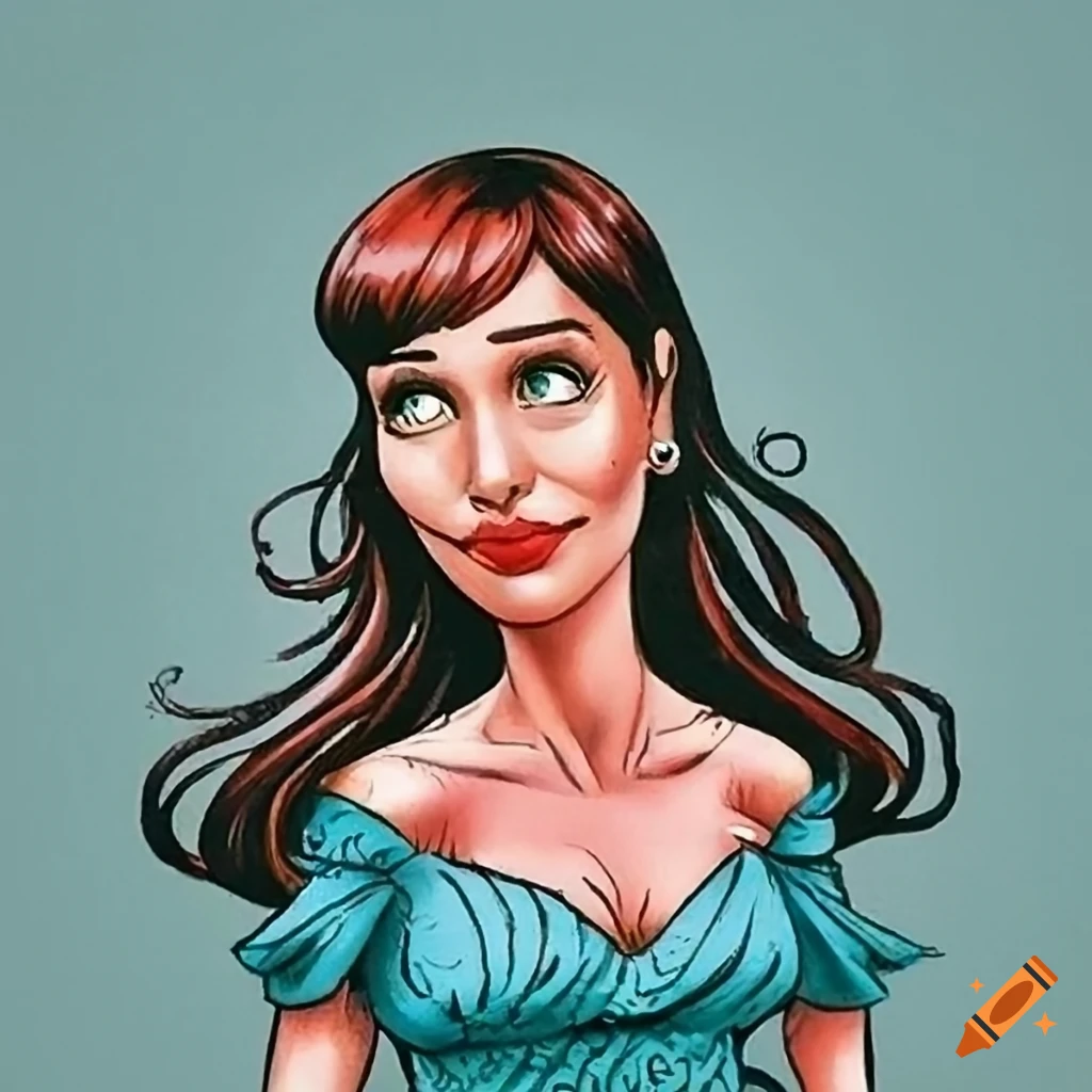 Colorful humorous book illustration of a beautiful young woman in a whimsical style