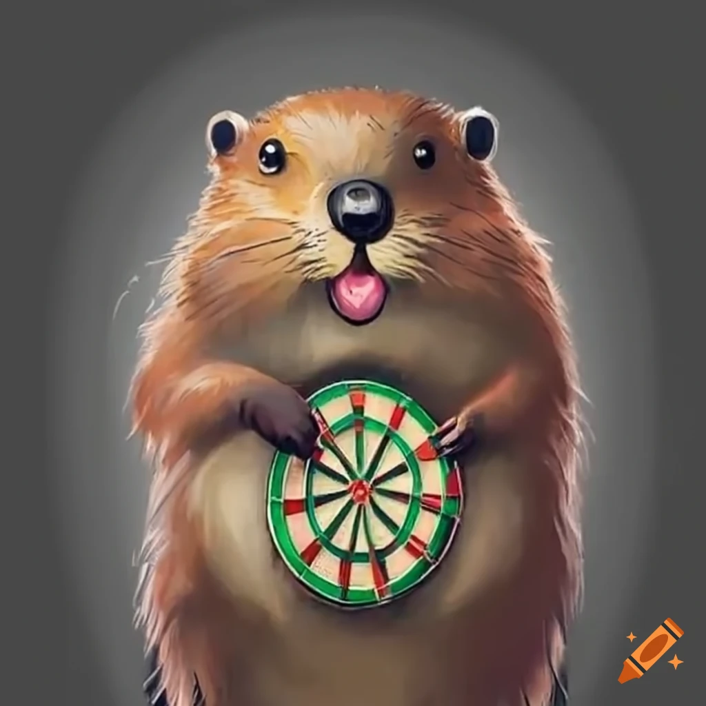 Beaver aiming dart at dart board