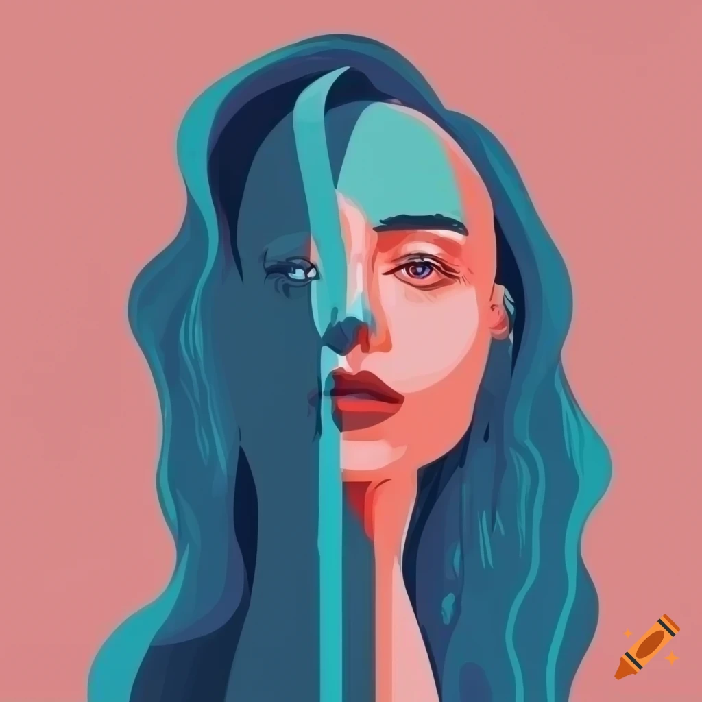Illustration in brutalism style of a detailed full body of a beautiful woman