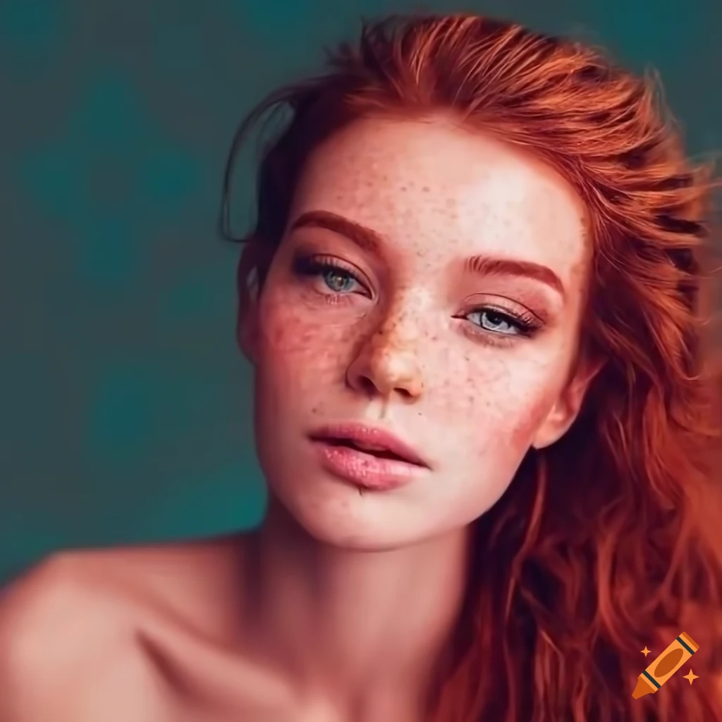Beautiful woman with freckles and auburn hair on a pink turquoise backdrop
