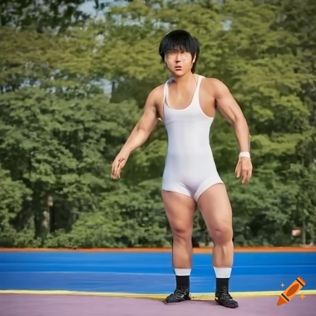 Muscular japanese college wrestler in white singlet on wrestling mat on Craiyon
