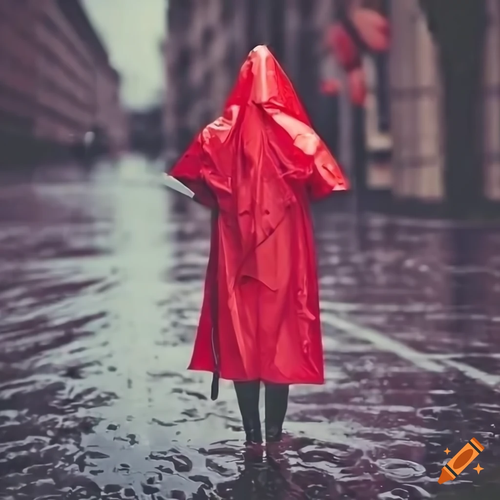 Woman in red raincoat standing in the rain on a city street on Craiyon