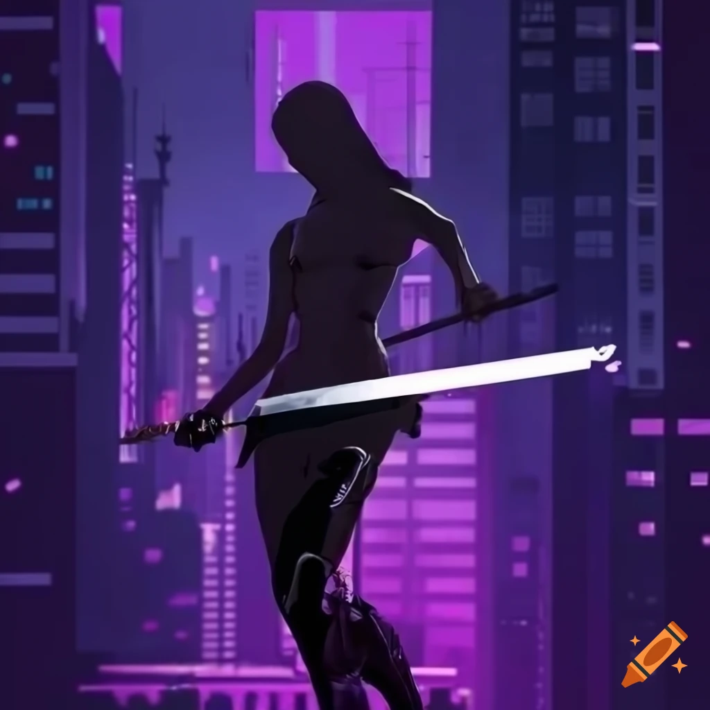 Cybernetic ninja woman with katana in fighting pose in violet cyberpunk city