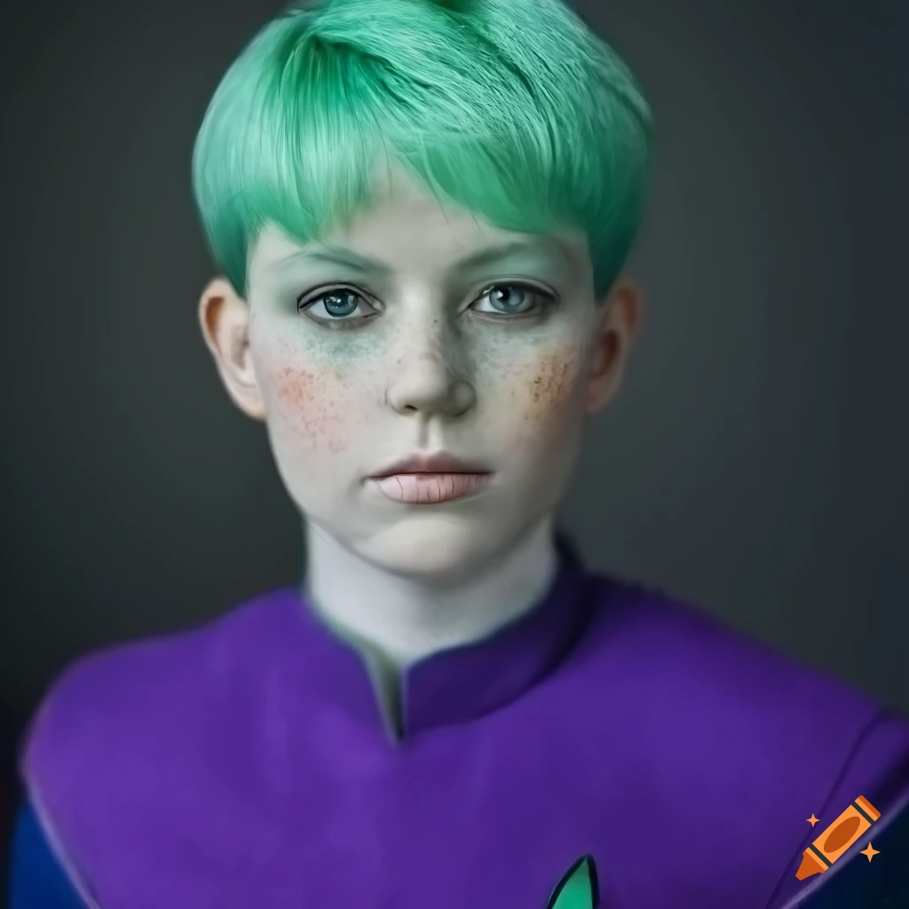 Portrait of an androgynous person with mint green hair and star-shaped freckles