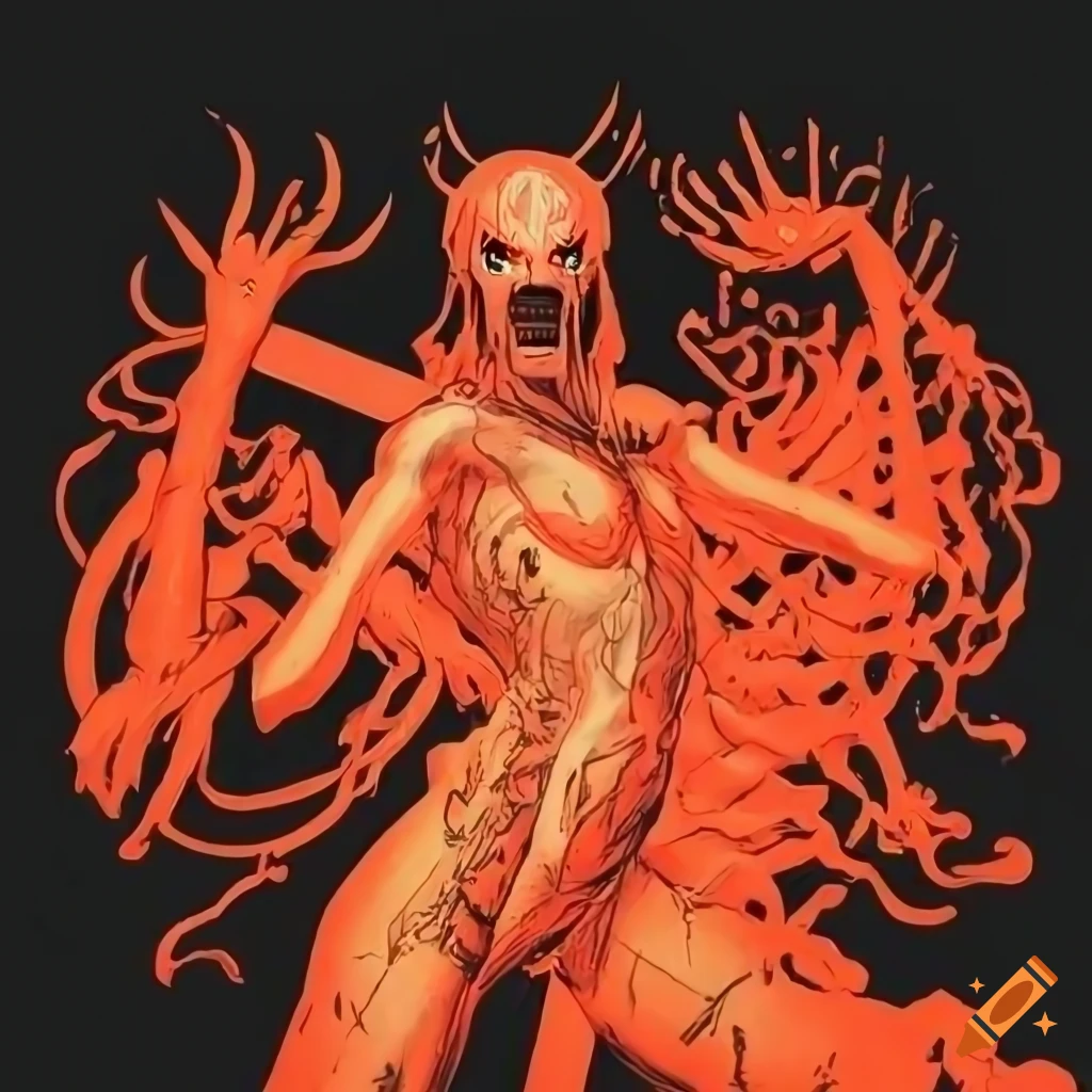 Artistic composition with bright neon colors and demonic theme