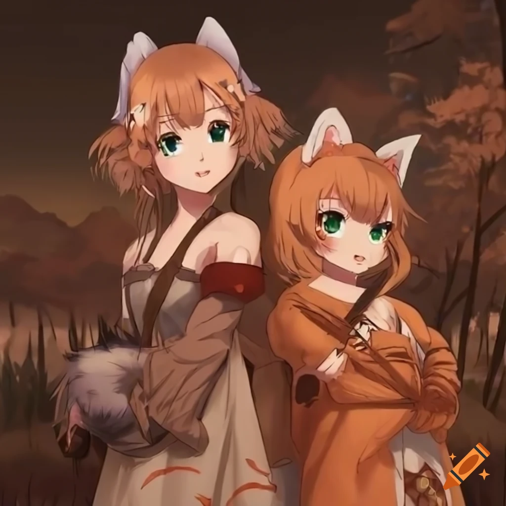 Anime girls with fox ears and tails in a medieval fantasy wilderness