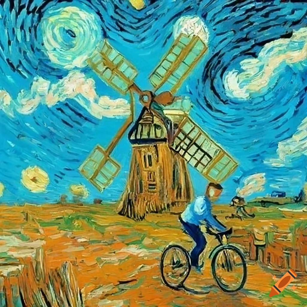 Cyclist in front of a windmill in a Van Gogh drawing