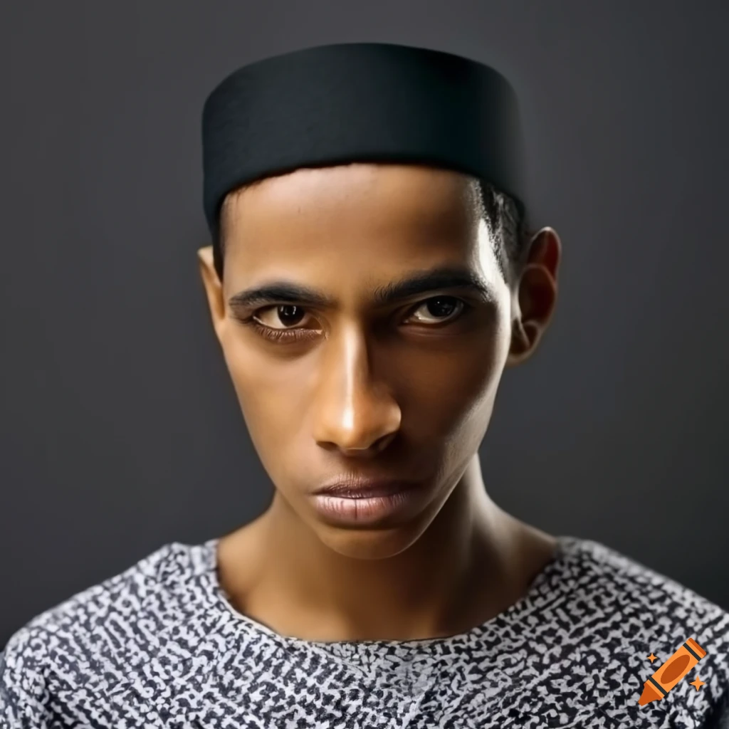 Square-jawed man with Arabic features and a kufi on his head
