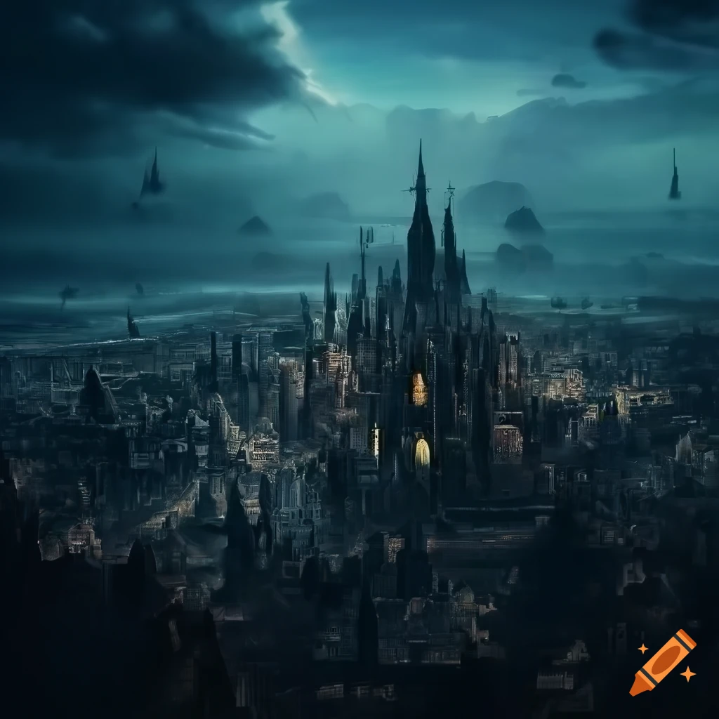 Aerial view of a dark fantasy city on Craiyon