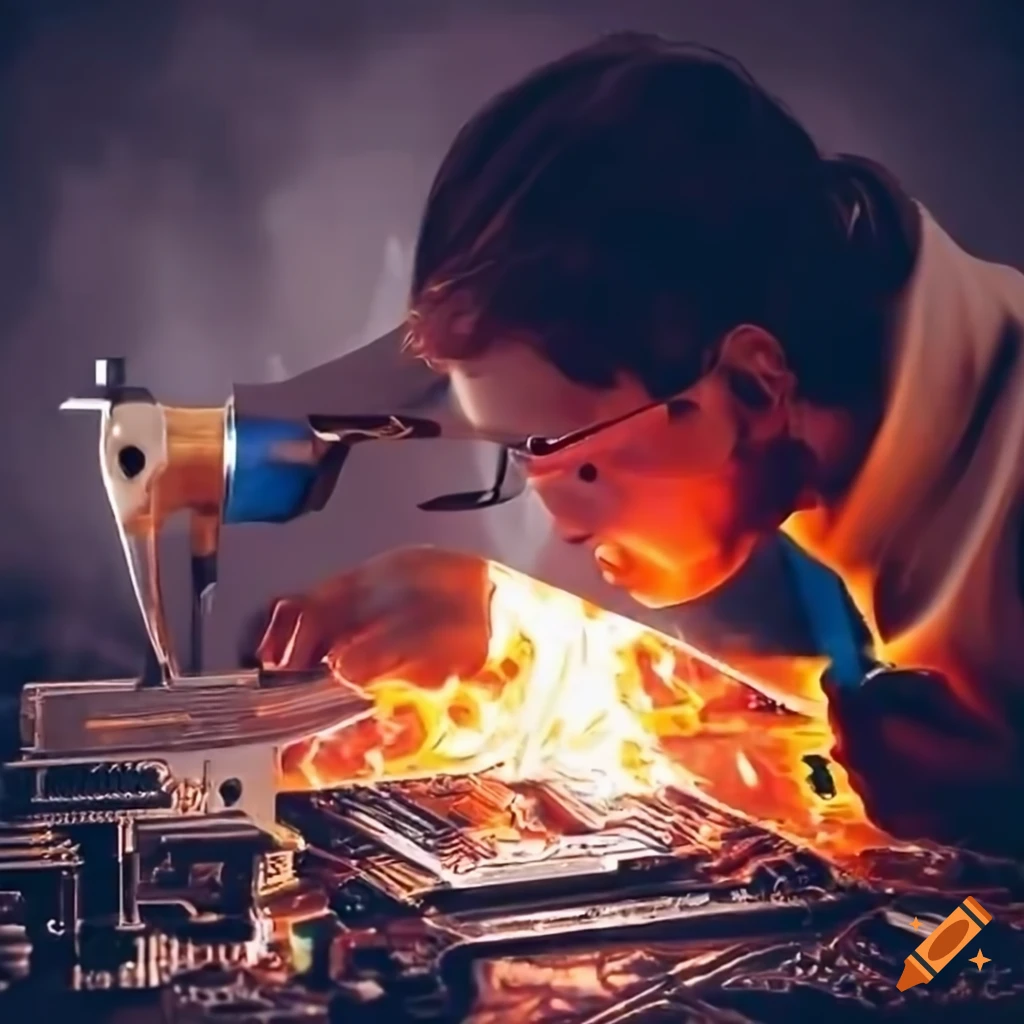 Metalworking with Dremel rotary tool creating art on a computer motherboard