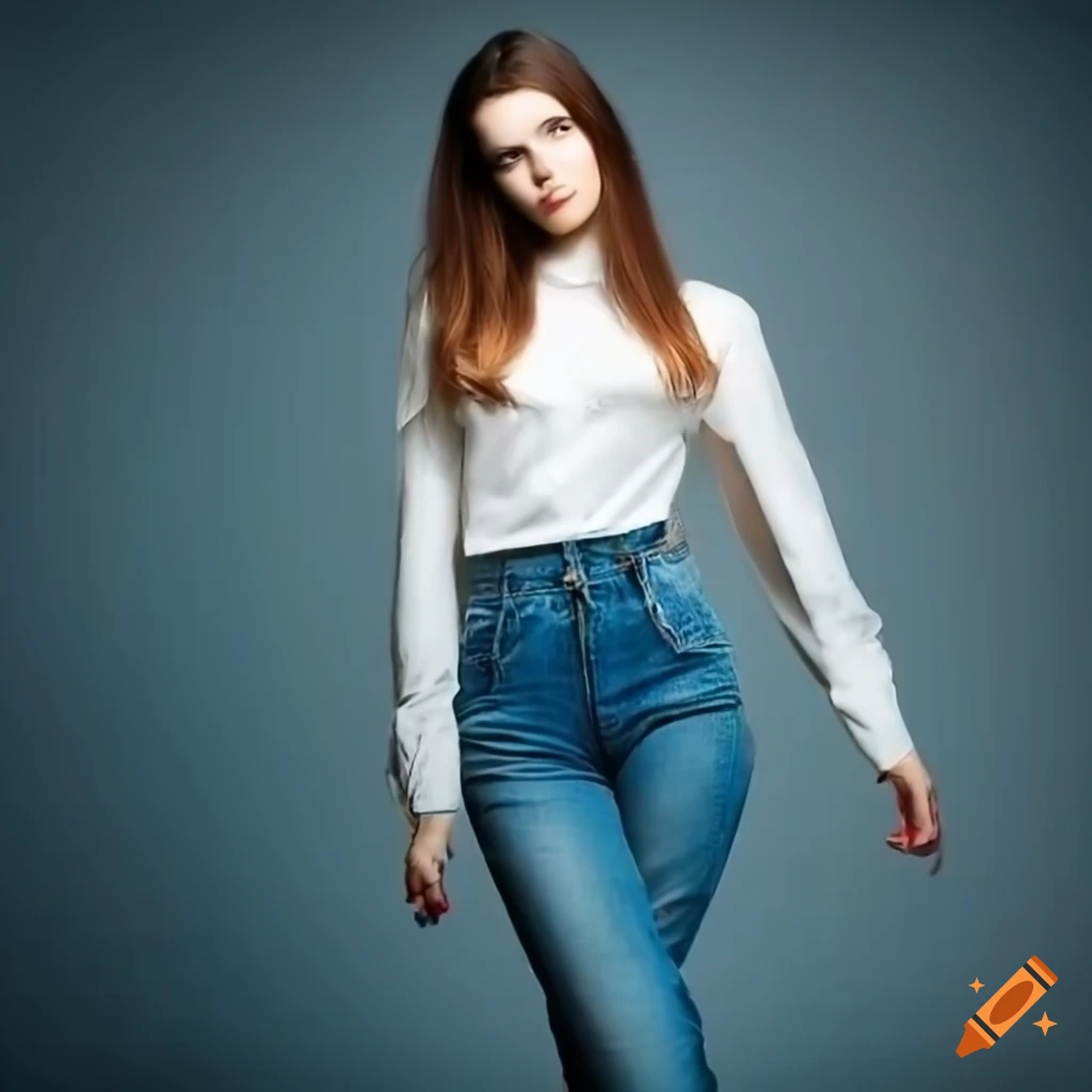 Beautiful young woman in white blouse and blue jeans with hands in ...