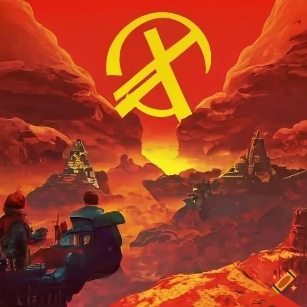 Propaganda-style artwork of flying cars and intergalactic communism with proletarians united