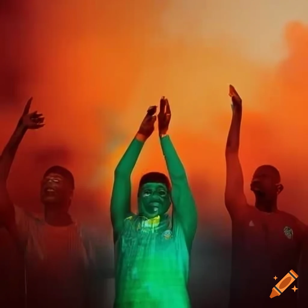 Supporters at Felix Houphouet Boigny stadium with orange, white, and green colors