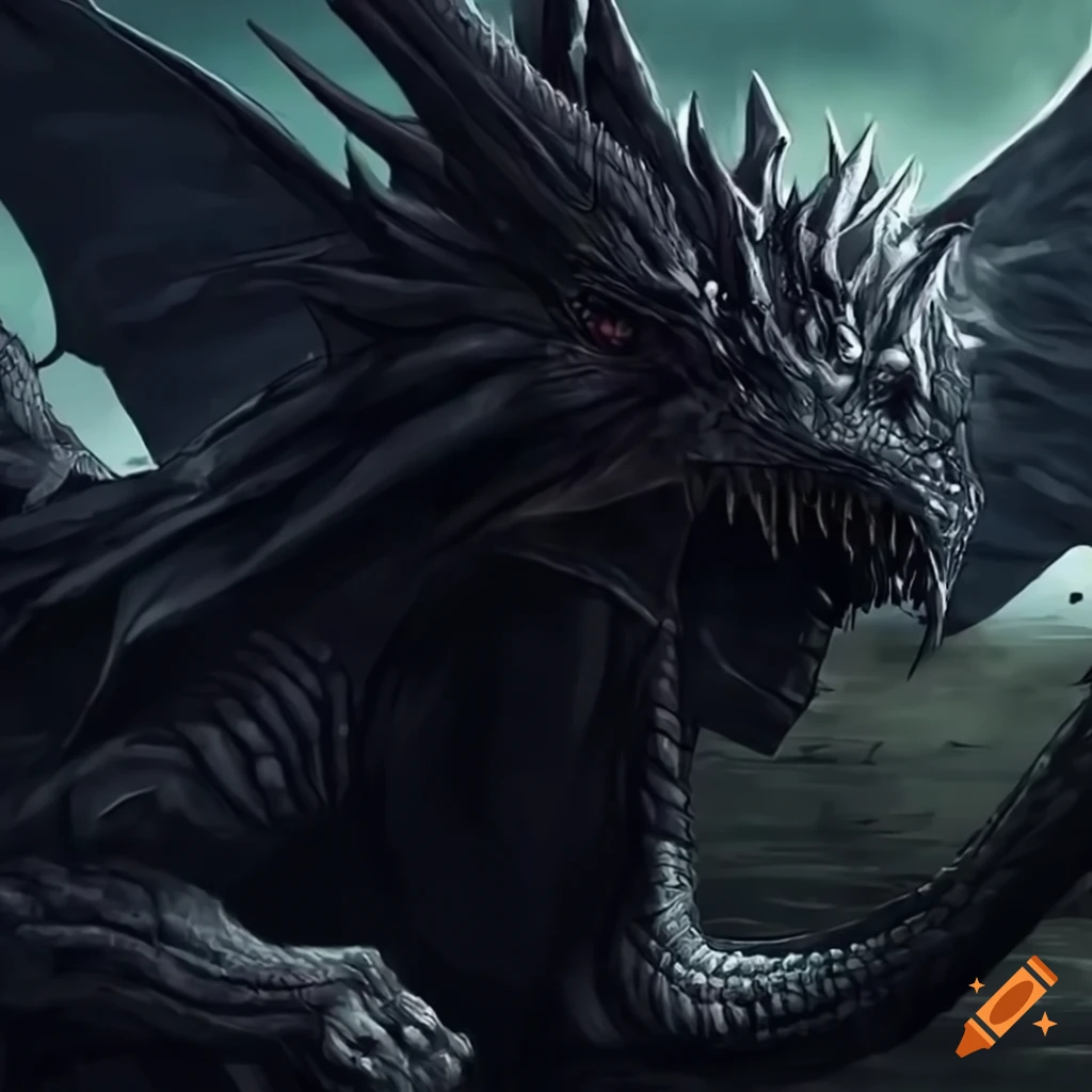 Gigantic black dragon with rider in a fantasy setting on Craiyon