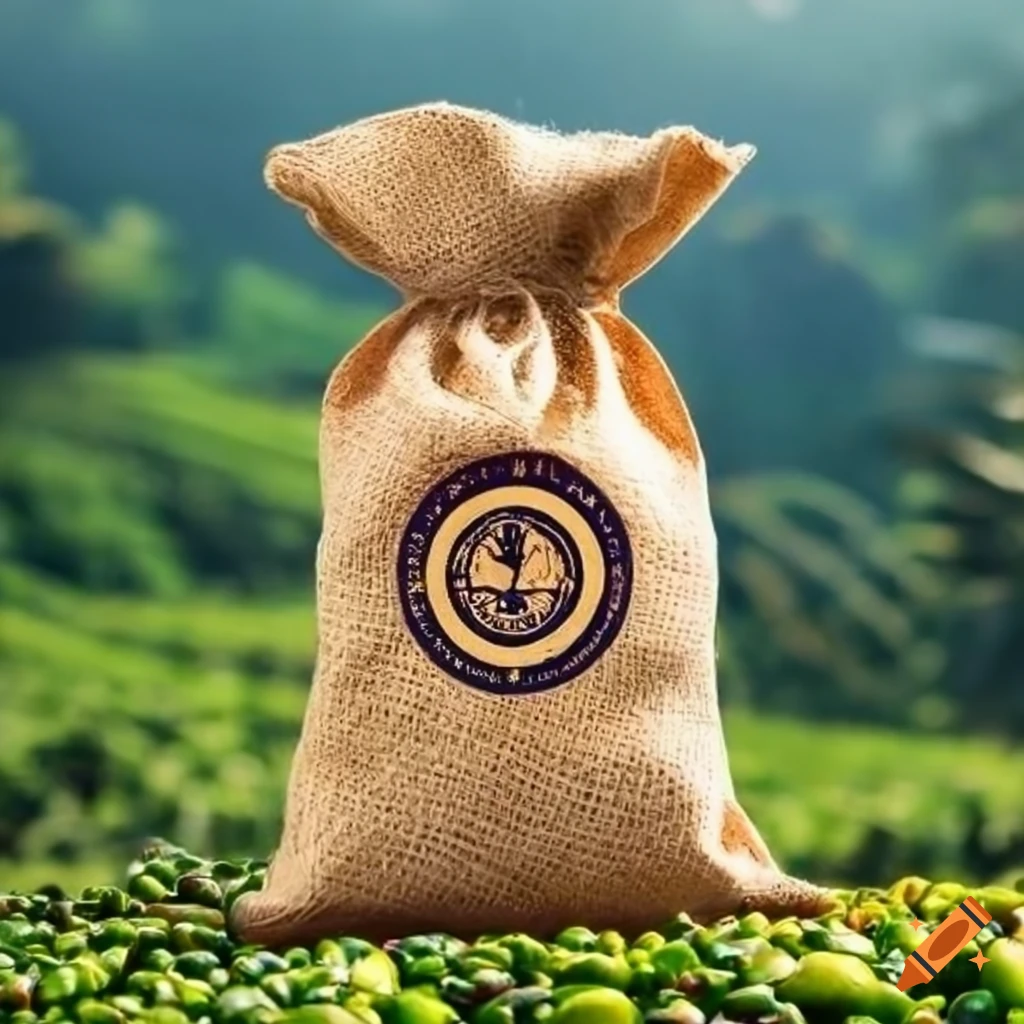 Brazilian coffee sack with brand logo in a lush coffee plantation at sunrise
