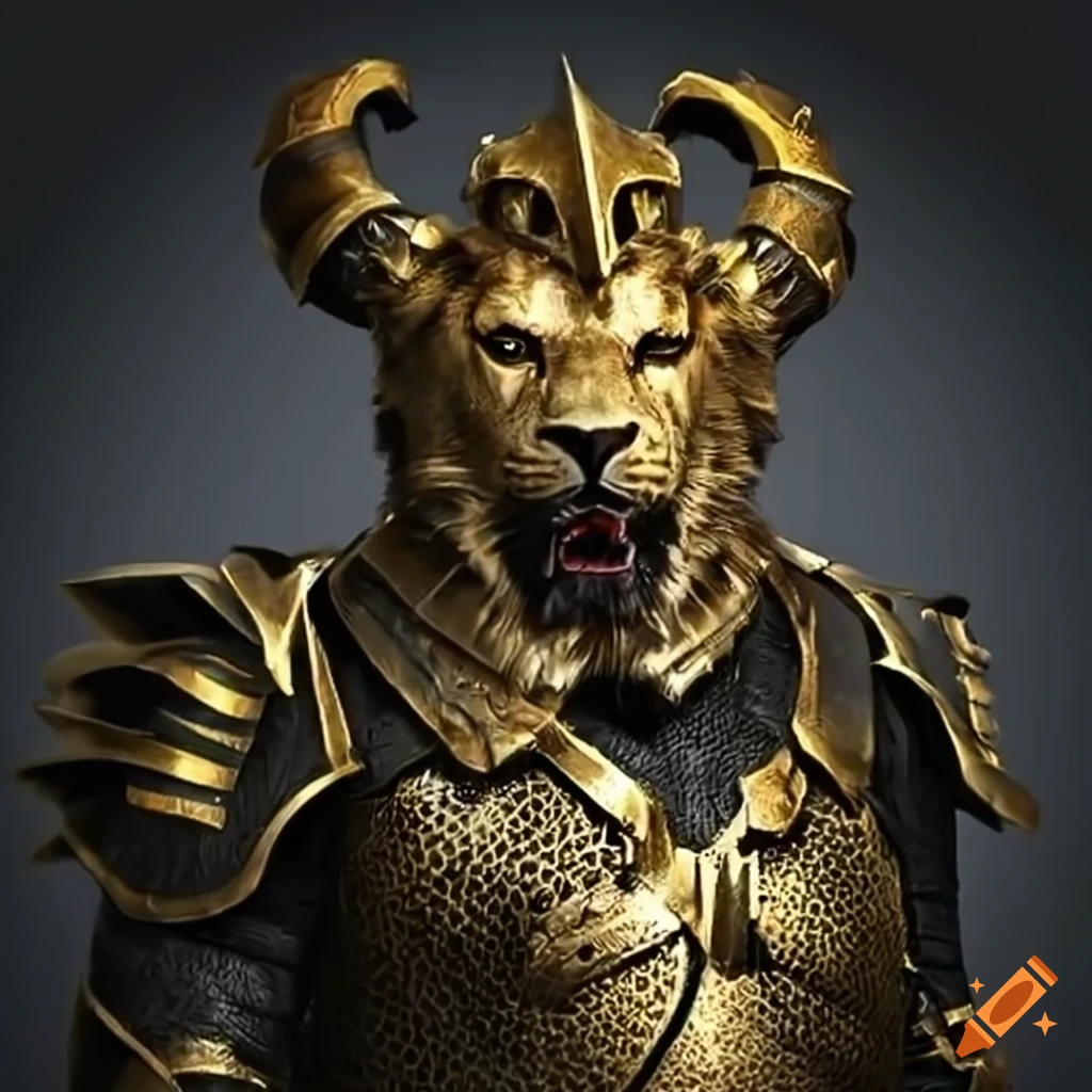 Lion in black and gold armor with a fierce expression on Craiyon