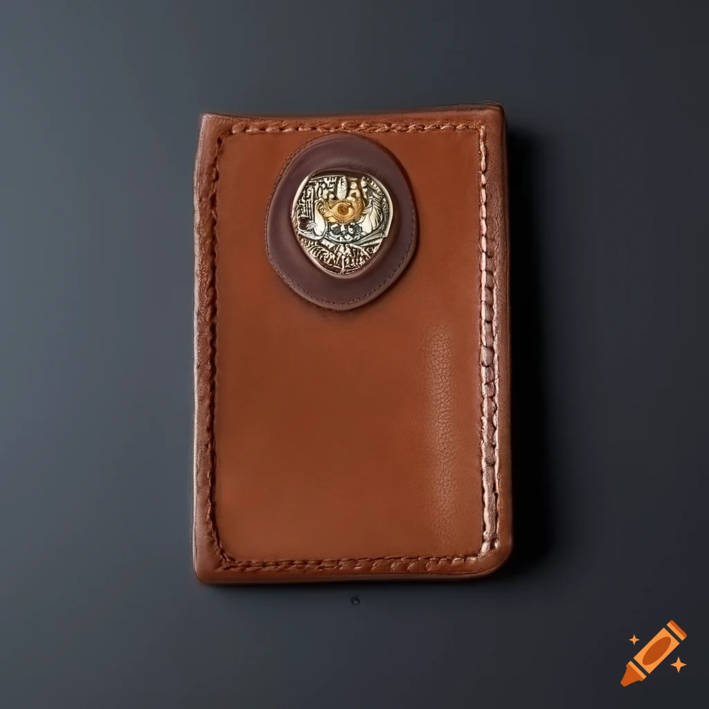 Faded and battered leather police detective badge case in the style of Ikko Tanaka