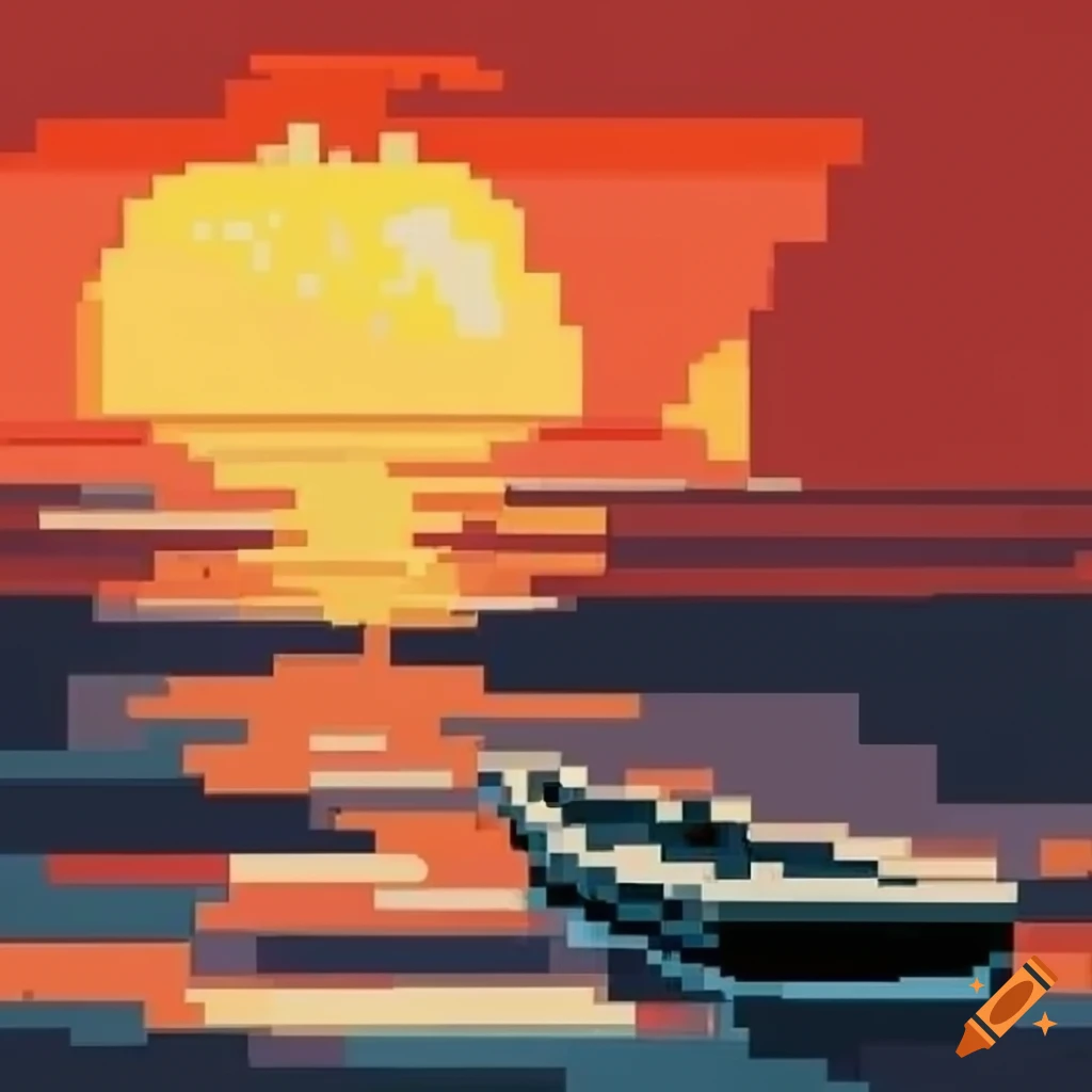 Pixel art of a sunny and stormy sunset on a boat