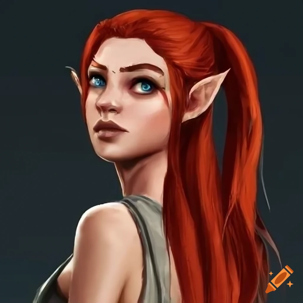 Female half-elf character with swarthy skin, blue eyes, and red hair in ...