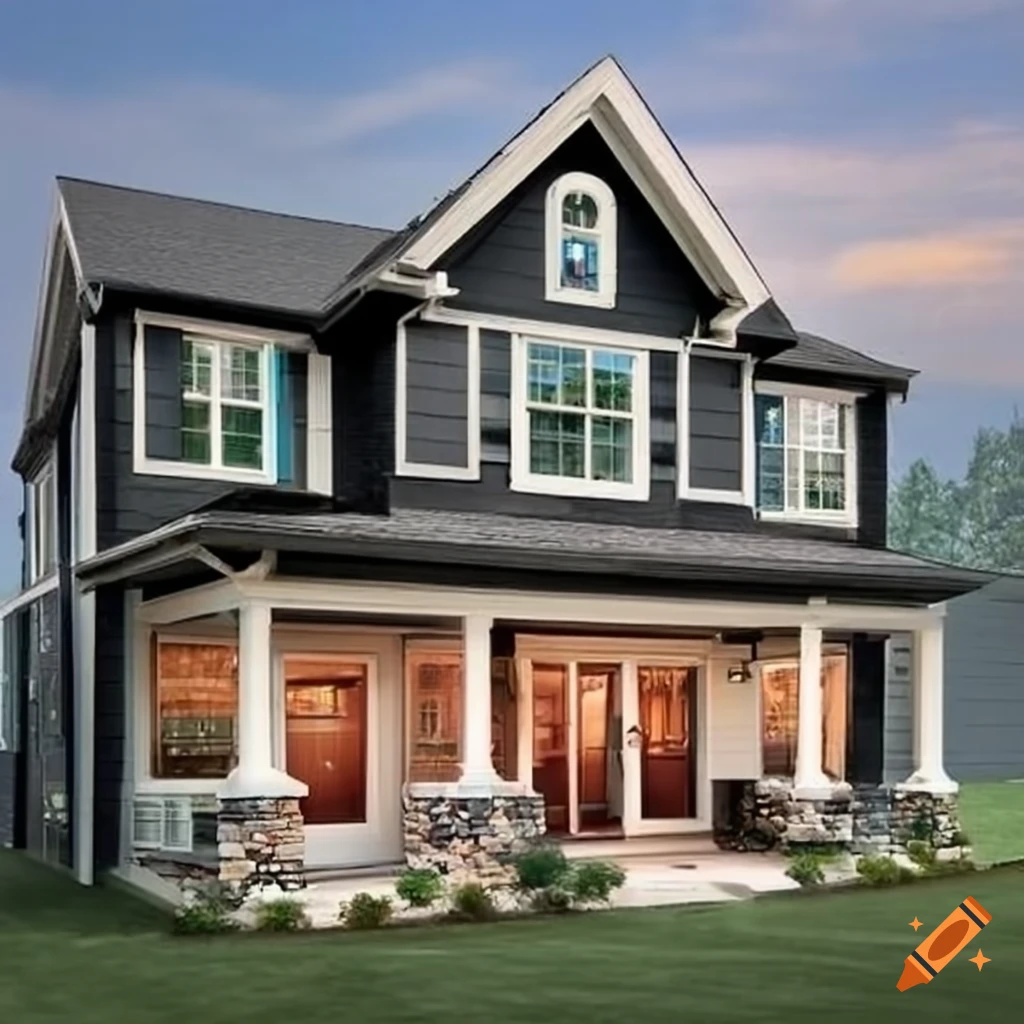 Black house with almond color exterior trim, windows, and garage doors on Craiyon