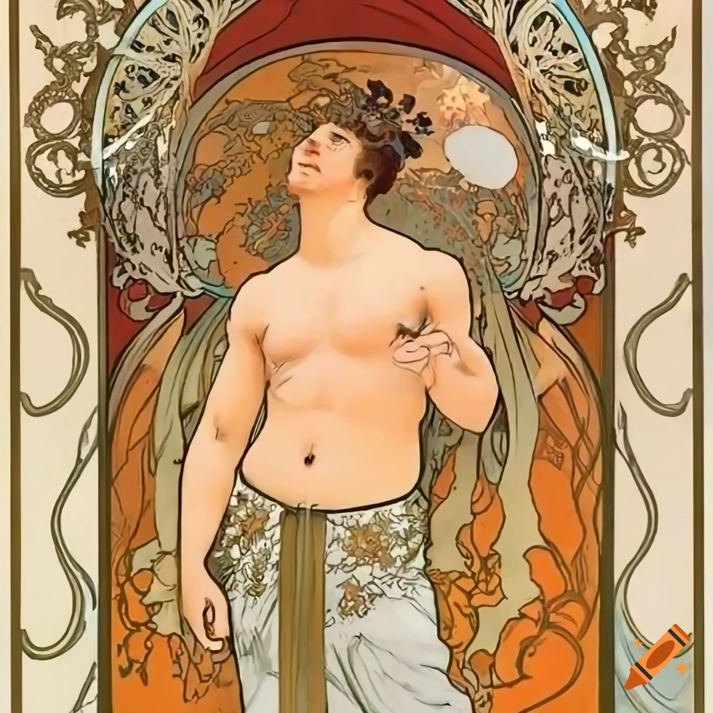 Muscular and powerful brown man in the style of Alphonse Mucha poster