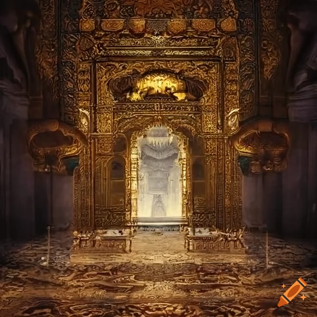 Interior of a Mesopotamian golden temple with shiny marble floor