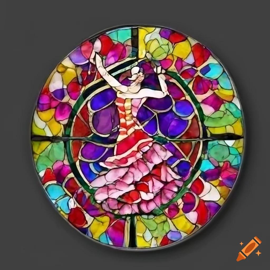 Stained glass gypsy flamenco dancer rosette with flowers