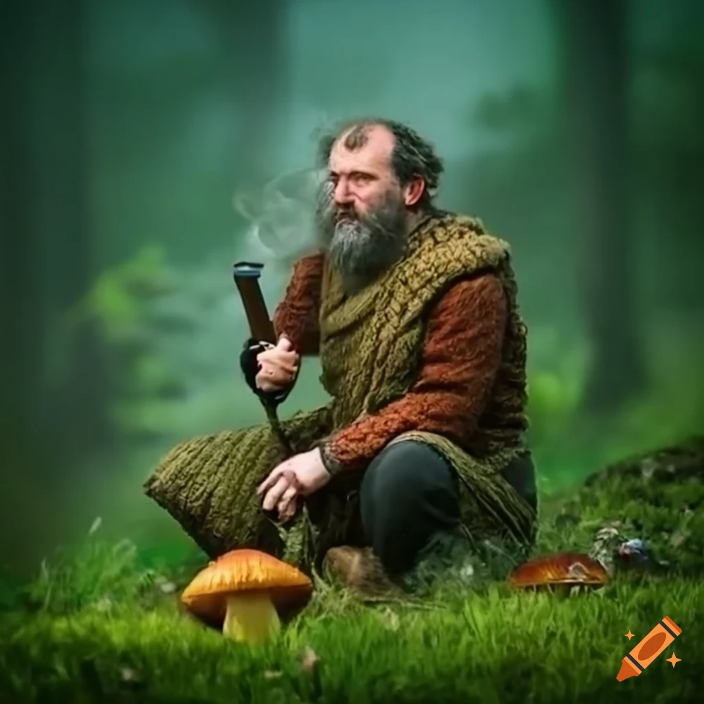Paul stamets in druid outfit surrounded by mushrooms in woodland