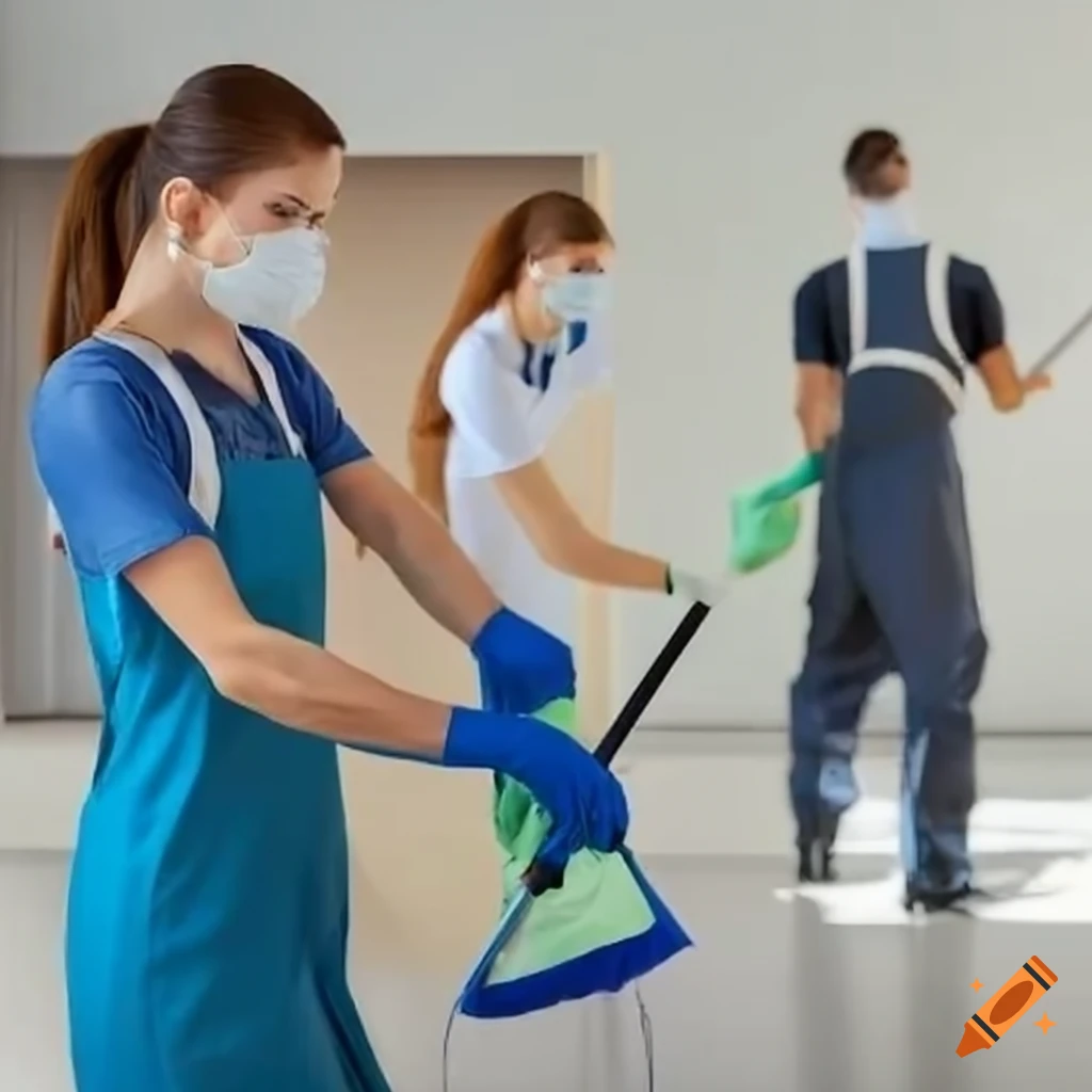 Professional cleaners working diligently to keep a space spotless on Craiyon