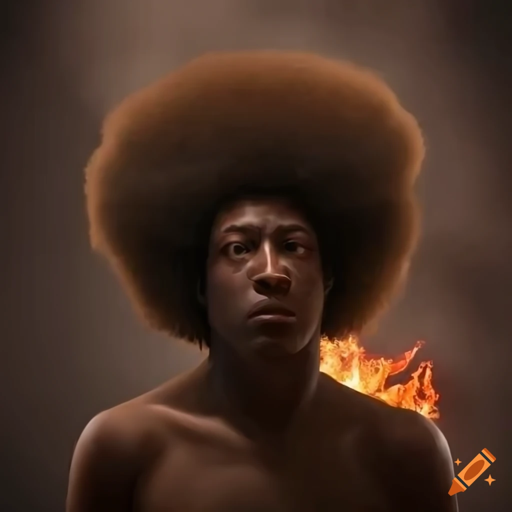 Half man, half chicken with an afro in a detailed and realistic depiction