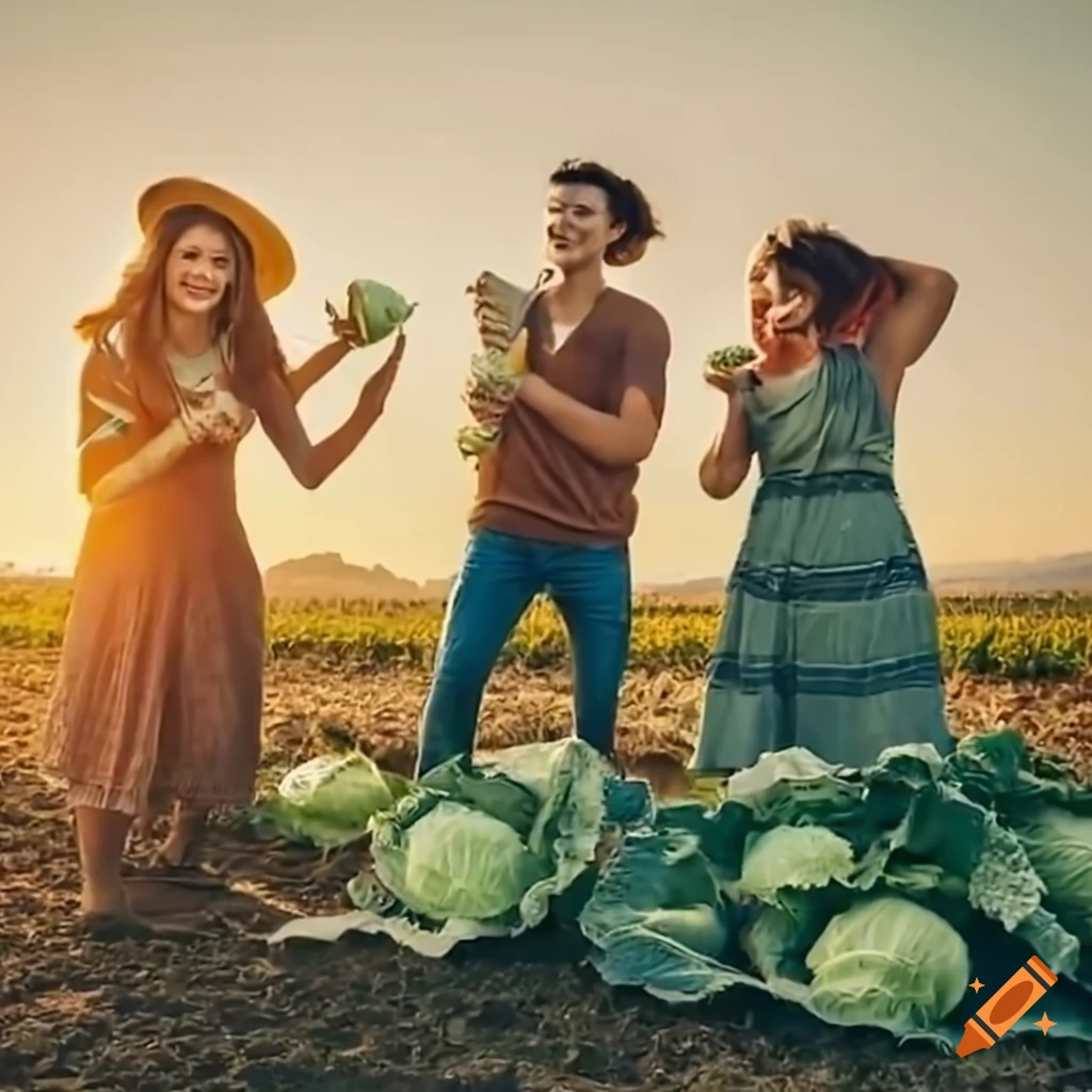 Friends eating and harvesting cabbage on a field
