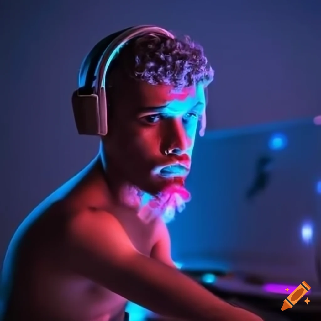 Portrait of a brown-skinned man with curly hair, elf-like ears and beard, wearing a hoodie and headphones