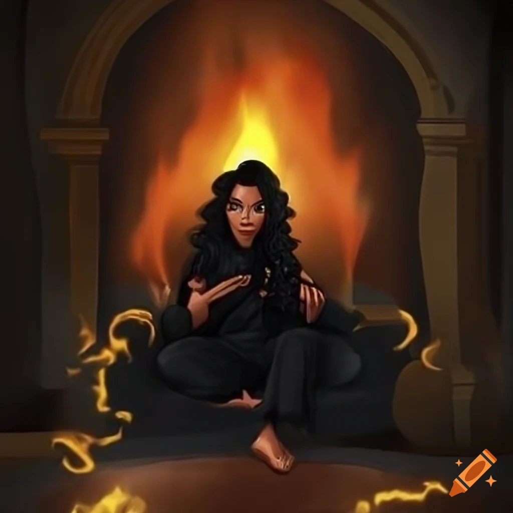 Enlarged African American woman with long wavy hair and smoky eye makeup, reading a book in comfortable black pajamas