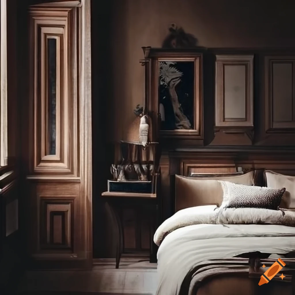 Dark academia bedroom with French colonial and modern cozy elements